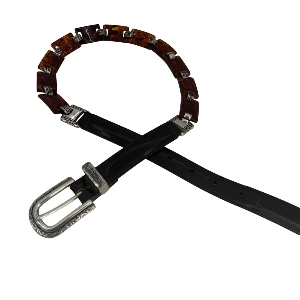 Brighton Black Leather Tortoise Link Belt Silver Scroll Buckle Boho Western Boho